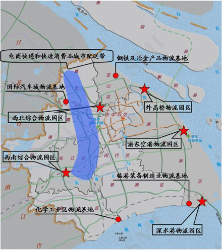 重点物流园区、重点制造业物流基地、城市特色配送物流带布局示意